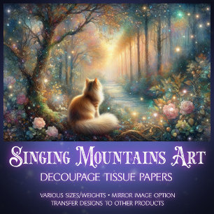Traumhafte florale Katze im Wald Fantasy-Dekoupage Seidenpapier