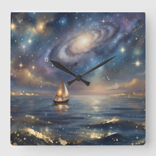 Traumhafte Galaxie-Segelschiff-Wanduhr - Magisches Quadratische Wanduhr