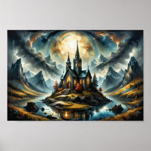 Traumhafte kleine Bergkirche an einem See bei Sonn Poster
