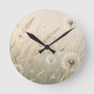 Traumhafte Löwenzahnsamen, die im Wind wehen, sanf Runde Wanduhr