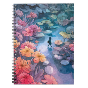 Traumhafte Rot-Blau-Fantasy-Blumen-Kunstkladde Notizblock