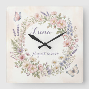 Traumhafte Wasserfarben-Blumen-Uhr Quadratische Wanduhr