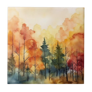 Traumhafte Wasserfarbenbäume in warmer Herbstpalet Fliese