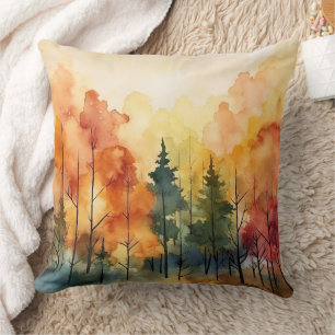 Traumhafte Wasserfarbenbäume in warmer Herbstpalet Kissen