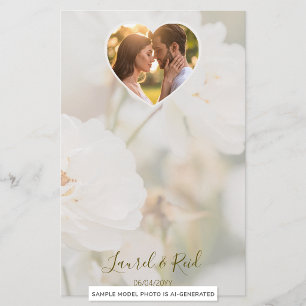 Traumhafte weiße Rose und Herz Foto-Vorlage Hochze Briefpapier