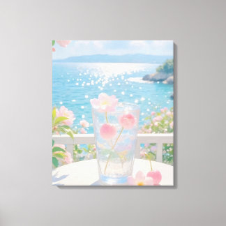 Traumhafter Ozeanblick mit rosa Blumen Sommer Kuns Leinwanddruck