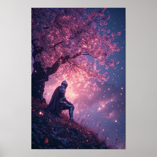 Traumhafter Ritter unter Kirschblüten Poster (Vorne)