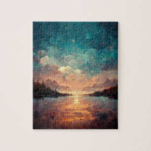 Traumhafter See und Sonnenuntergang Landschaftsm Puzzle