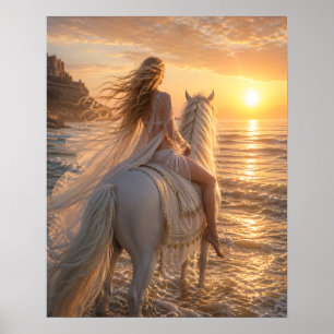 Traumhaftes nacktes Pferd am Strand bei Sonnenunte Poster