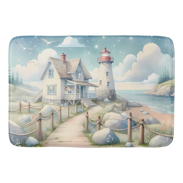 Traumhaftes Pastel Lighthouse am Meer Badematte (Vorderseite)