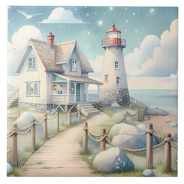 Traumhaftes Pastel Lighthouse am Meer Fliese (Vorderseite)