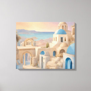 Traumhaftes Santorini Griechenland Aquarell - Blau Leinwanddruck