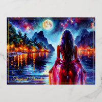 Traumhaftes Strandmädchen mit Mond und Lichtern