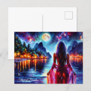Traumhaftes Strandmädchen mit Mond und Lichtern Postkarte