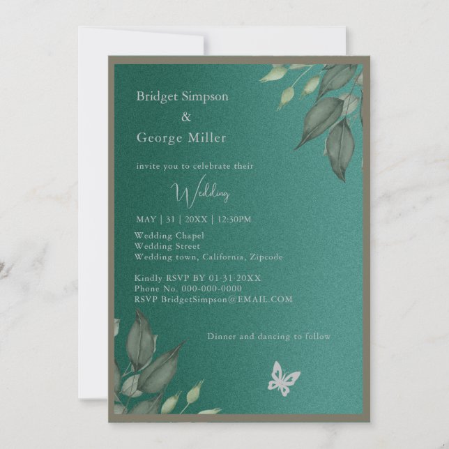 Traumiger smaragdgrüner Glitzer Blattwerk Hochzeit Einladung (Vorderseite)