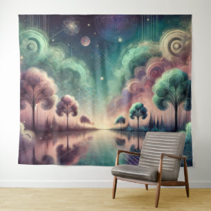 Traumlandschaft Wirbelnde Bäume Kosmische Reflexio Wandteppich
