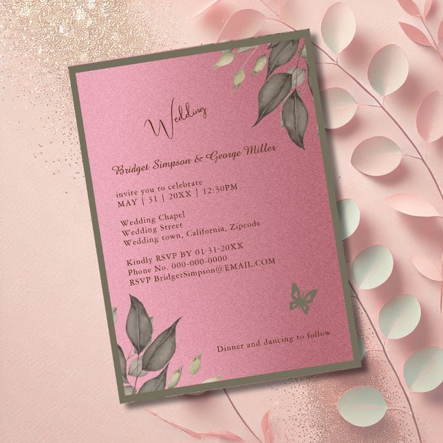 Traumrosa Glitzer Blattwerk Hochzeit Einladung (Von Creator hochgeladen)