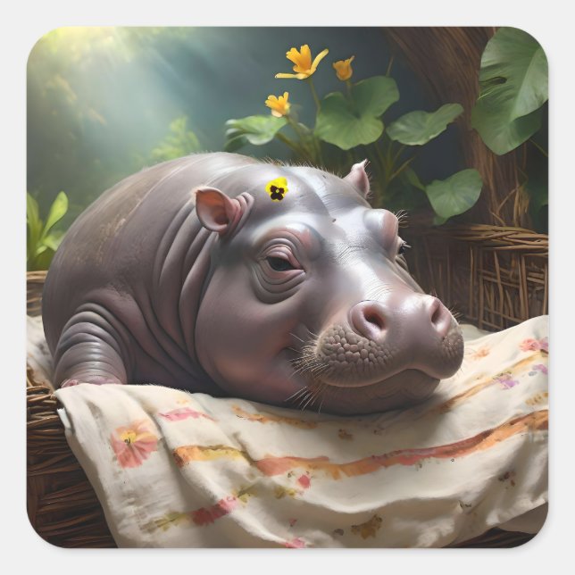 **"Träumskorb: Ein Baby Hippo's Cosy Nickerchen"** Quadratischer Aufkleber (Vorderseite)