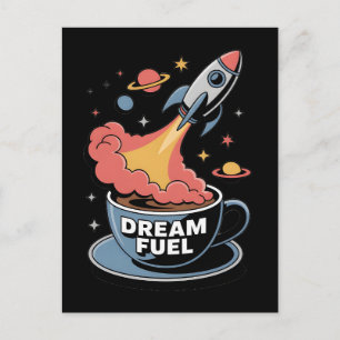 Traumtreibstoff-Grafik: Rakete startet aus Kaffee Postkarte