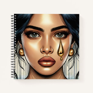 Traurig schöne Frau mit goldener Träne Notizbuch
