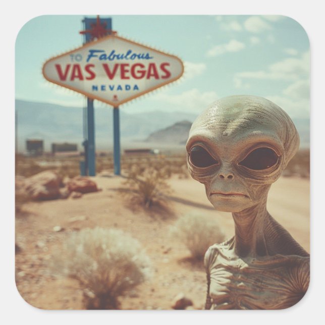 Traurige Alien vor dem Las Vegas-Zeichen Quadratischer Aufkleber (Vorderseite)