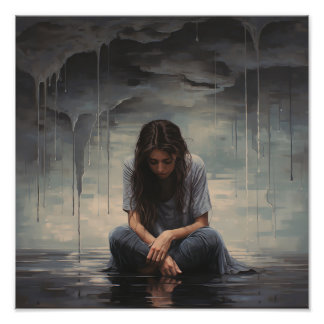 Traurige Frau sitzt auf dem Boden Fotodruck