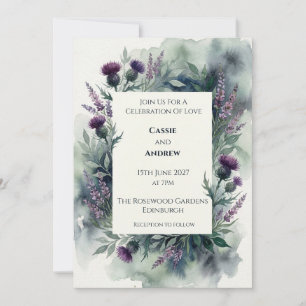 Traurige Lila Distel Heide Wasserfarben Hochzeit Einladung