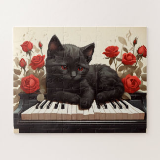 Traurige schwarze Katze am Klavier Puzzle