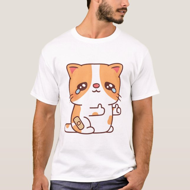 Traurige weinende Katze aber Daumen hoch T-Shirt (Vorderseite)
