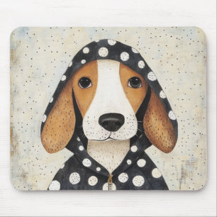 Trauriger Beagle-Welpe in einem gestreiften Hoodie Mousepad