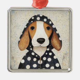 Trauriger Beagle-Welpe in Polka-Punkt-Kapuzenpullo Ornament Aus Metall