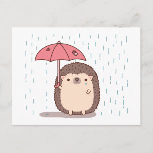Trauriger Igel hält Regenschirm im Regen Postkarte