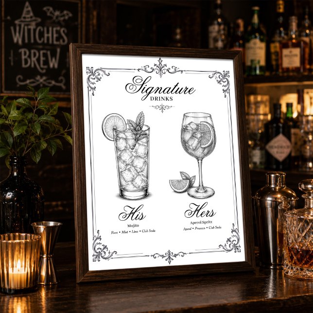 Trauungs-Signature-Drinks His and Hers Poster (Elegant His & Hers signature drinks menu displayed on a wedding bar with timeless calligraphy.)