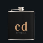 Trauzeuge aus Schwarzgold Flachmann<br><div class="desc">Klassischer schwarzer Hintergrund,  goldfarbener Text. Personalisieren und fügen Sie Ihre Monogramm-Initialen und Ihren Namen hinzu. Für Hochzeiten,  Trauzeugen,  Geburtstage.</div>