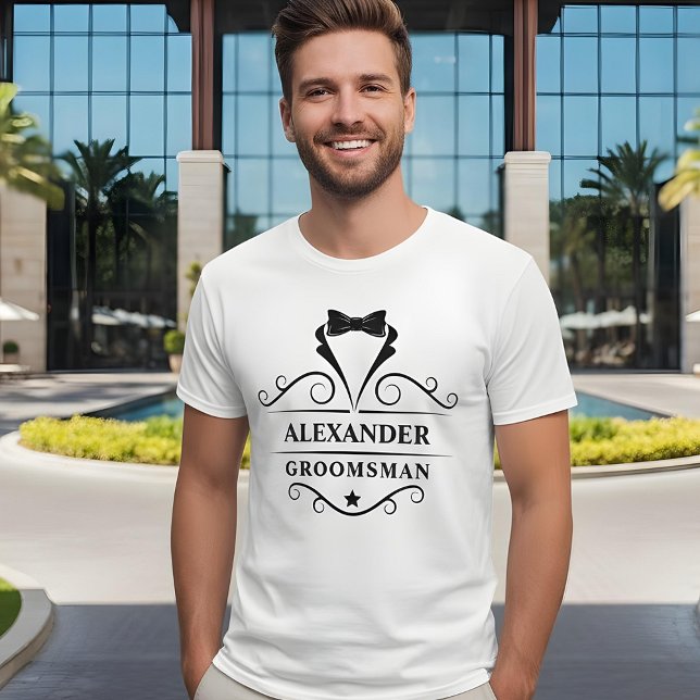 Trauzeuge Black Tuxedo Krawatte White T-Shirt (Customize to change text size. Choose from a variety of shirt colors and styles.)