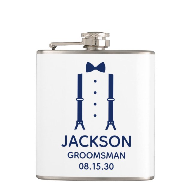 Trauzeuge Blue Bow Krawatte Flachmann (Vorderseite)