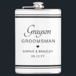 Trauzeuge Custom Personalisiert Wedding Party Flachmann<br><div class="desc">Trauzeuge Custom Personalisiert Name Wedding Party Flask zeigt den Namen des Trauzeugen mit den Namen des Brautpaares und das Hochzeitstermin mit einem kleinen Liebe Herz. Maßgeschneidert für den Trauzeuge. Designed by ©2024 Evco Studio www.zazzle.com/store/evcostudio</div>