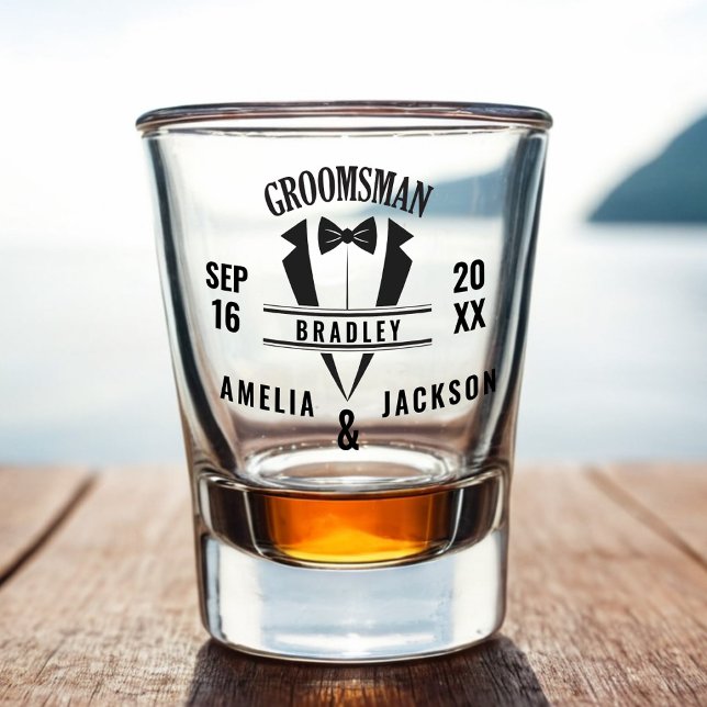 Trauzeuge Custom Tuxedo Gastgeschenk Hochzeit Shot Schnapsglas (Groomsmen Custom Tuxedo Wedding Favor Shot Glass)