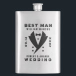 Trauzeuge Elegant Tuxedo Black Typograpgy Wedding Flachmann<br><div class="desc">Passen Sie dieses elegante Design für den Trauzeuge mit einem eleganten schwarzen Tuxedo und personalisiertem schwarzen Text für den Namen des Trauzeugen und die Namen des Ehepaares mit dem Datum an.</div>