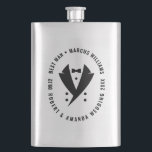 Trauzeuge Elegant Tuxedo Wedding Flachmann<br><div class="desc">Passen Sie dieses elegante Design für den Trauzeuge mit einem schlanken schwarzen Tuxedo und personalisiertem Text für den Namen des Trauzeugen und die Namen des Ehepaares mit dem Datum an.</div>