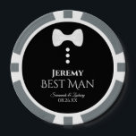 Trauzeuge Gastgeschenk Hochzeit Niedlich White Bow Pokerchips<br><div class="desc">Diese Poker-Chips sind als Geschenk oder Gutes für Ihren Trauzeuge konzipiert. Sie zeichnen sich durch ein lustiges Tuxedo-Design mit weißer Bogen-Krawatte und Tasten auf schwarzem Hintergrund aus. Der Text lautet "Trauzeuge" mit seinem Namen, den Namen des Ehepaares und dem Hochzeitstermin. Wir danken ihm, dass er Teil Ihrer Hochzeitsfeier ist und...</div>