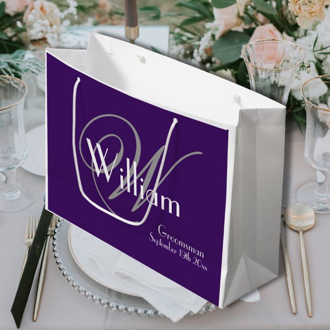 Trauzeuge-Geschenk Monogramm + Name Moderner Coole Große Geschenktüte (A Wonderful Groomsman Gift - Monogram + Name Purple White Gray Large Gift Bag.)