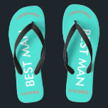 Trauzeuge NAME Turquoise Blue Flip Flops<br><div class="desc">Helle Strandfarben in Türkisblau mit Trauzeuge in Großbuchstaben, Weißtext und Name und Datum der Hochzeit in Korallen mit schwarzen Akzenten. Personalisieren Sie mit Trauzeugen Name oben in Hauptstadt Buchstaben in lustigen Bogentext. Cooles Strandziel Flip Flops als Teil der Hochzeitsfeier Gefallen. Ihr Brautparty wird Liebe haben ihre eigenen personalisierten Paar. Originale...</div>