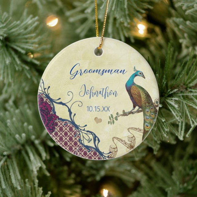 Trauzeuge Navy & Raspberry Vintag Peacock Keramikornament (Baum)