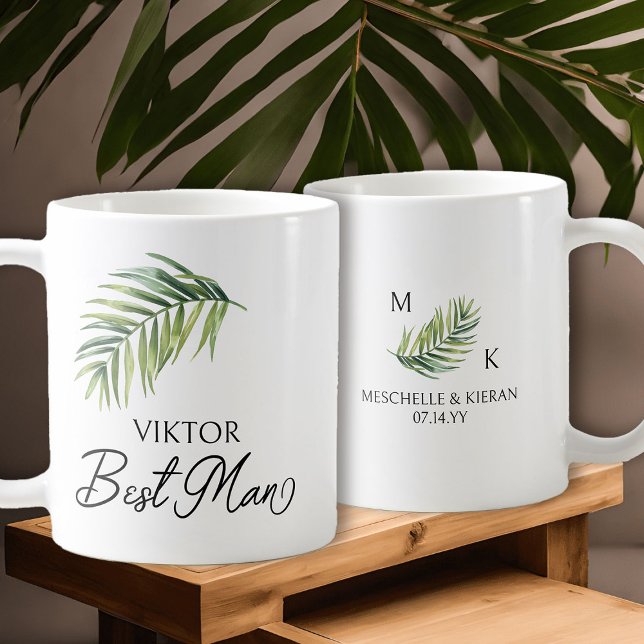 Trauzeuge Palm Leaf Wedding Party Geschenk Kaffeetasse (Best Man coffee mug with tropical palm leaf and calligraphy)