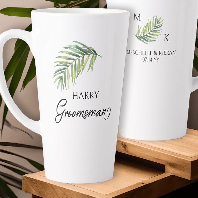 Trauzeuge Palm Leaf Wedding Party Geschenk Milchtasse (Groomsman latte mug with tropical palm leaf and calligraphy)