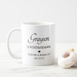 Trauzeuge Personalisierter Name Hochzeitsfeier Kaffeetasse<br><div class="desc">Trauzeuge Personalisiert Name Wedding Party Kaffee Tasse zeigt den Namen Ihres Trauzeugen mit den Namen des Brautpaares und Hochzeitstag mit einem kleinen Liebe Herz. Maßgeschneidert für Ihren Trauzeuge. Designed by ©2024 Evco Studio www.zazzle.com/store/evcostudio</div>