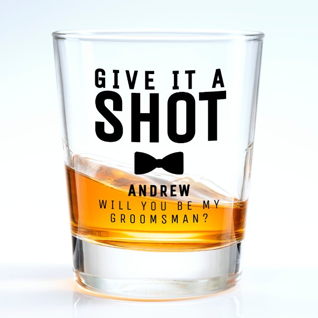 Trauzeuge Vorschlag Bowtie geben ihm einen Schuss Schnapsglas (Groomsman Proposal Bowtie Give It A Shot Shot Glass
)