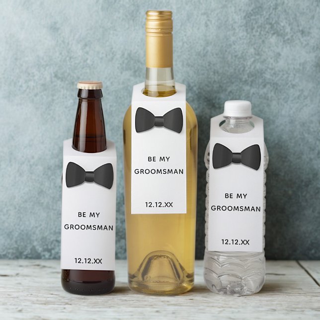 Trauzeuge Vorschlag Schwarze Krawatte Flasche Hang Flaschenanhänger (A fun bow tie bottle tag with space for your wedding date)