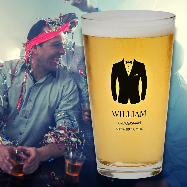 Trauzeugen Schwarze Krawatte Tuxedo Anzug Name und Glas (Groomsmen Groomsman Gift Personalized Name and Date Black Tie Tuxedo DRinkware Glass)